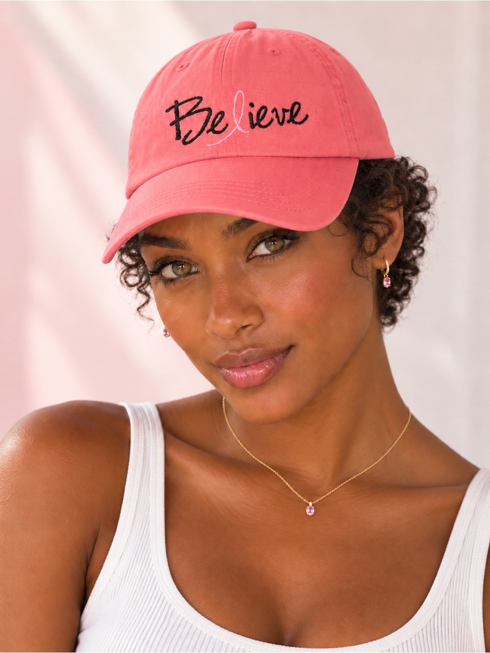 Pink āBelieveā Breast Cancer Awareness Ribbon Cotton Baseball Cap